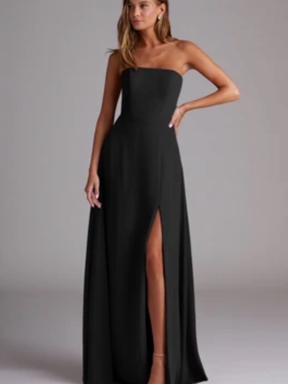 Azazie Black Strapless Maxi Gown with Front Slit